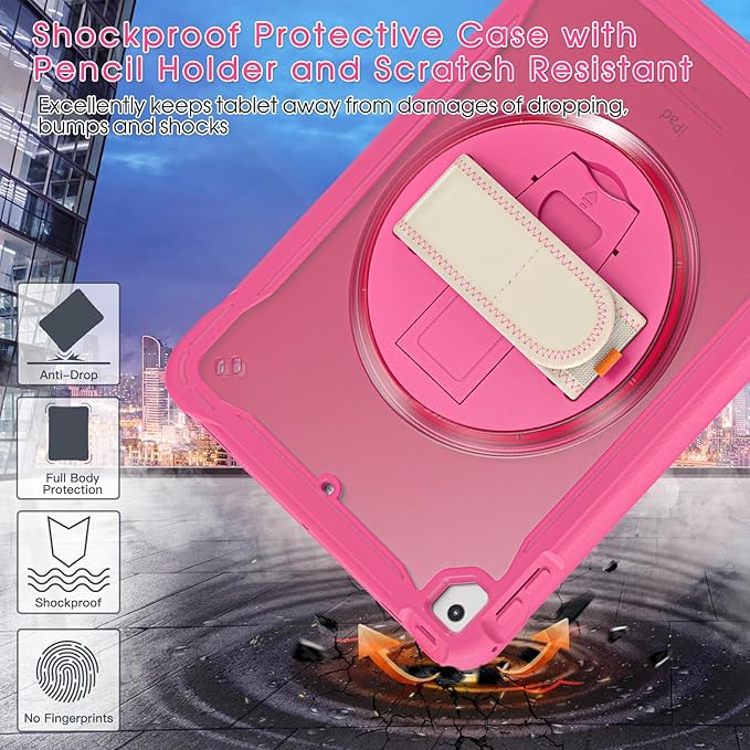 BRAECNstock Case for iPad 6th/5th Generation 9.7 inch 2018/2017ipad Air 2nd Generation &amp Pro 9.7 inch Cover for Kids with Pencil HolderScreen Protector360°Rotating Hand Strap&ampKickstand-Rose