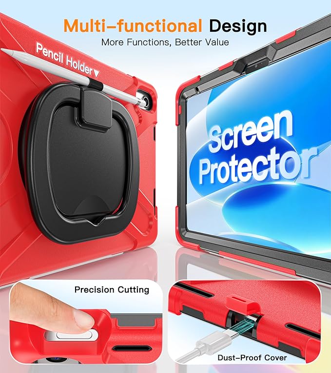BATYUE Case for iPad (A16) 11th/10th Gen 11''/10.9'' 2025/2022 - Heavy Duty Shockproof Cover with 360° Rotating &amp 180° Folding Stand Screen Protector Shoulder Strap &amp Pencil Holder | Red
