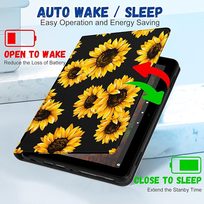 for Amazon Kindle Fire HD 8/8 Plus Tablet Case 10th/12th Generation for Women Girls Folio Cover Cute Fashion Design Girly Kawaii Black Sunflower Pretty Teen Cases for Kindle Fire Case 8 Inch
