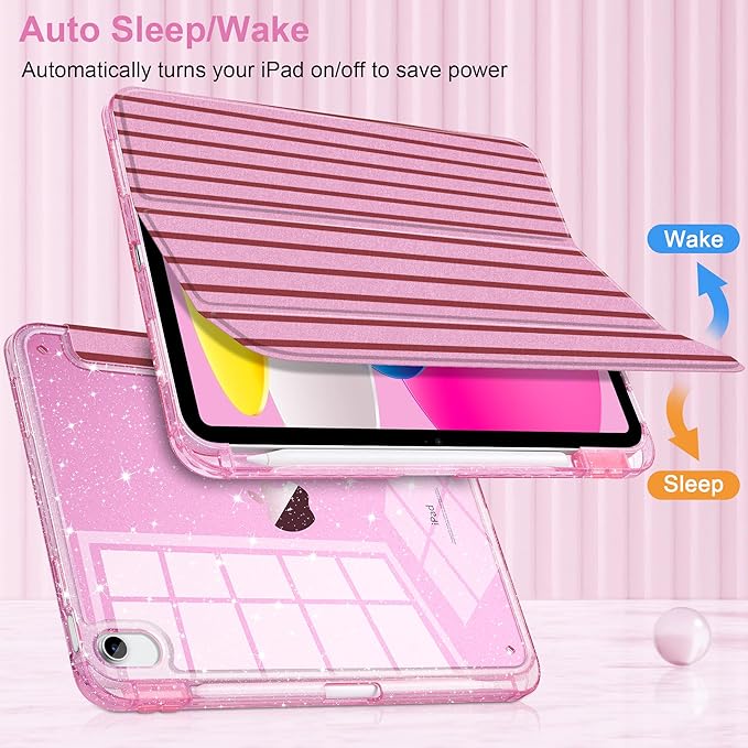 DONGKE for iPad Pro 11 inch Case – Fits M5 2025 / M4 2024 Shockproof Sparkling Glitter Acrylic Back Pencil Holder Trifold Stand Auto Sleep/Wake &amp Touch ID Support - Pink Stripes