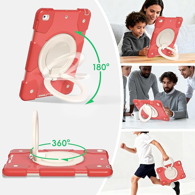 Case for iPad 9th/8th/7th Generation 10.2 inch Shockproof Cover with Screen Protector/360° Rotate Stand/Pencil Holder/Shoulder Strap Kids Case for iPad 2021/2020/2019 (Orange Pink+White)