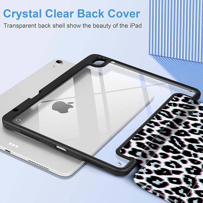 TWOLSKOO Case for iPad Air 11-inch (M4 2026 / M3 2025 / M2 2024) Clear Acrylic Back with TPU Bumper Pencil Holder Trifold Stand Auto Sleep/Wake Black Leopard