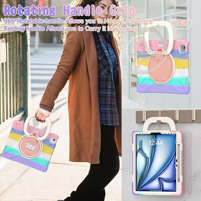 SCSVPN Kids Case for iPad Air 13 inch M4/M3/M2 2026 2025 2024 &amp iPad Pro 12.9'' 6th/5th/4th/3rd Gen 2022 2021 2020 2018 Protective Cover with Pencil Holder-Stand-Handle-Shoulder Strap Colorful P