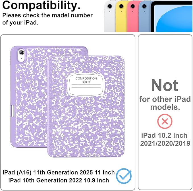 Supveco Case for iPad (A16) 11th Generation 11 inch (2025)iPad 10th Generation 10.9 inch (2022) with Pencil Holder-[Auto Wake/Sleep]Premium Folio Stand Case with Soft TPU Back Cover-Lilac Book
