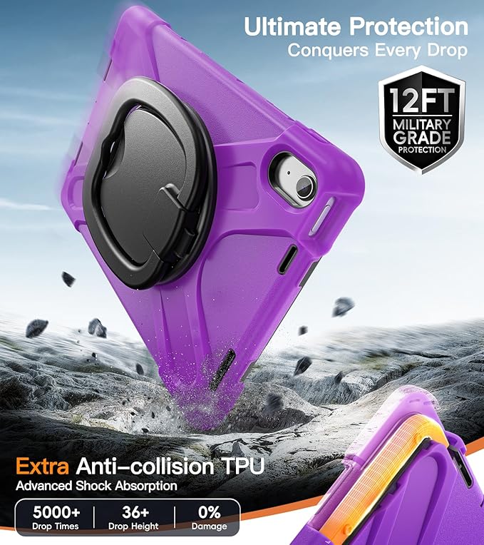 BATYUE Case for iPad (A16) 11th/10th Gen 11''/10.9'' 2025/2022 - Heavy Duty Shockproof Cover with 360° Rotating &amp 180° Folding Stand Screen Protector Shoulder Strap &amp Pencil Holder |Purple