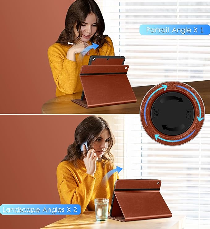 DTTO Rotating Case for iPad 9th/8th/7th Generation 10.2 Inch 2021/2020/2019 360 Degree Swiveling Premium Leather Folio Stand Cover with Pencil Holder - Auto Wake/Sleep and Hand Strap Brown