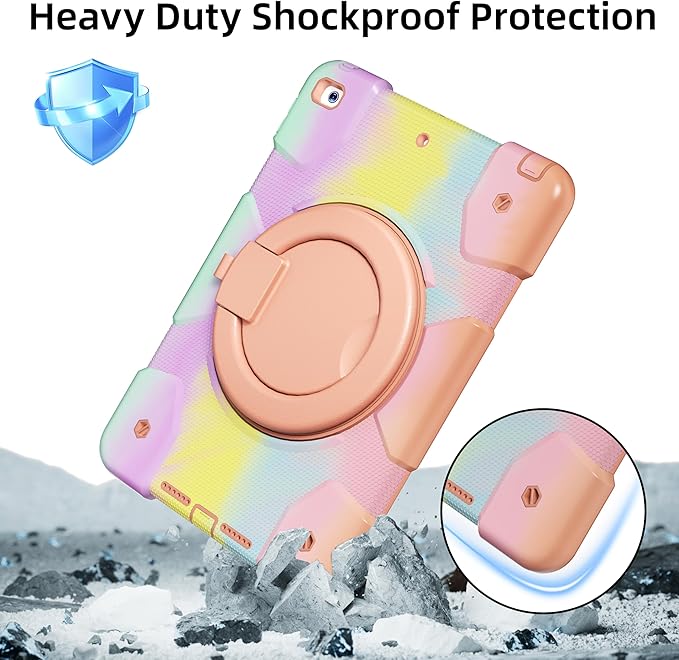 Case for iPad 9th/8th/7th Generation 10.2 inch Shockproof Cover with Screen Protector/360° Rotating Handle/Bracket/Pen Holder/Shoulder Strap Kids Case for iPad 2021/2020/2019 (Colorful Pink)