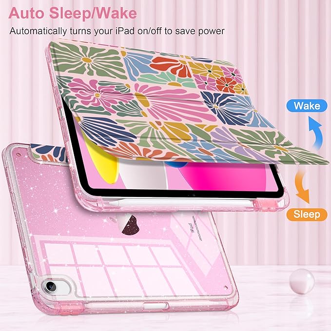 DONGKE for iPad Pro 11 inch Case – Fits M5 2025 / M4 2024 Shockproof Sparkling Glitter Acrylic Back Pencil Holder Trifold Stand Auto Sleep/Wake &amp Touch ID Support - Colorful Florals