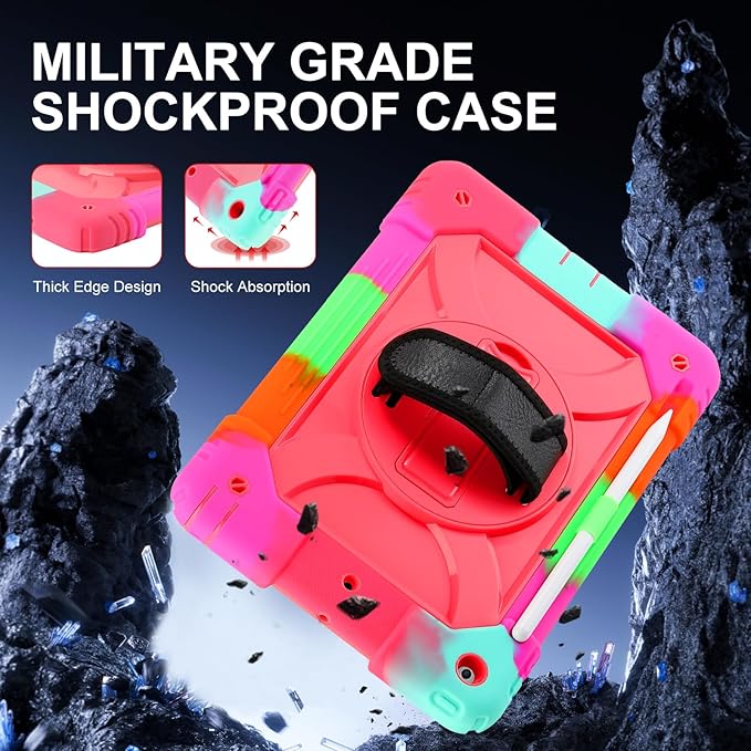 for iPad 9th/8th/7th Generation CaseiPad 10.2 Case 2021/2020/2019 with Cute Key Chain Rugged Protective Case with 360°Rotating Stand &amp Shoulder Hand Strap &amp Pen Slot for 10.2 Inch (Rainbow