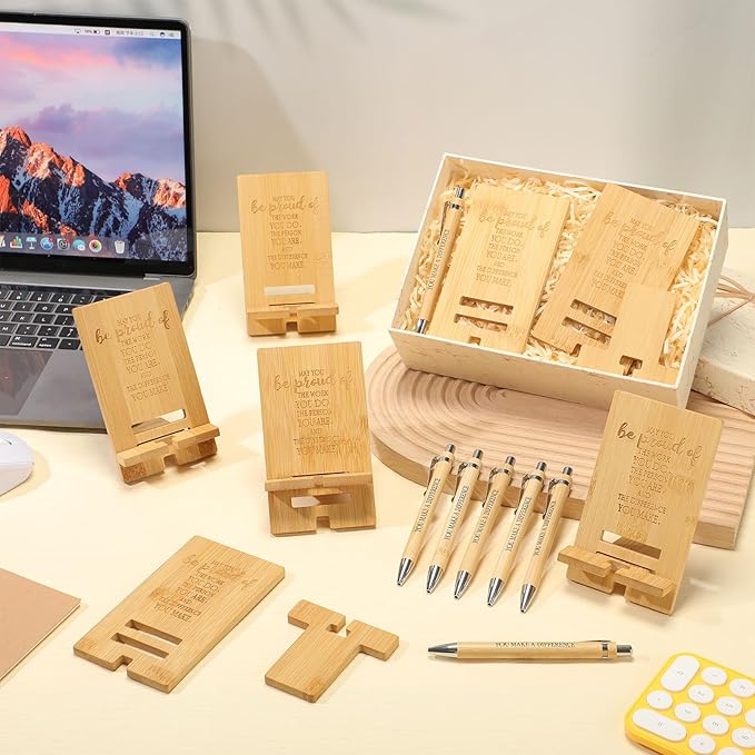 Ripeng 20 Sets Employee Appreciation Gifts Bulk Bamboo Phone Stands with Ballpoint Pens for Desk Office Workers Thank You Gift for Team Coworkers Staff Volunteer Nurse Teacher Colleagues