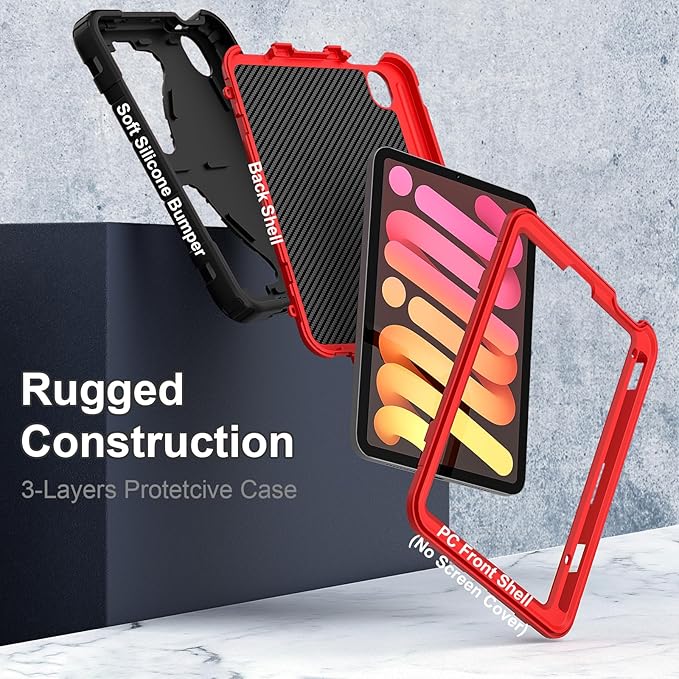 Case for iPad mini 7 (A17 Pro) 2024 iPad mini 6 2021 8.3-Inch Kids Friendly Shockproof Cover with Kickstand Shoulder Strap Pen Holder Support Pencil Pro &amp Pencil USB-C Black Red