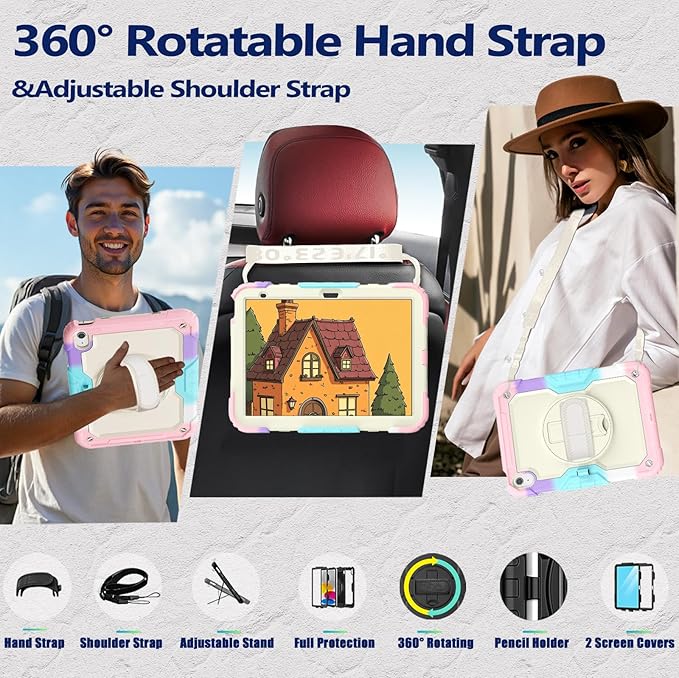 Weuiean Case for iPad A16 11th/10th Generation 11/10.9 Military-Grade Heavy-Duty Shockproof Cover with 360° Rotating Stand Built-in Pencil Holder &amp Adjustable Hand/Shoulder Strap - Colorful Pi