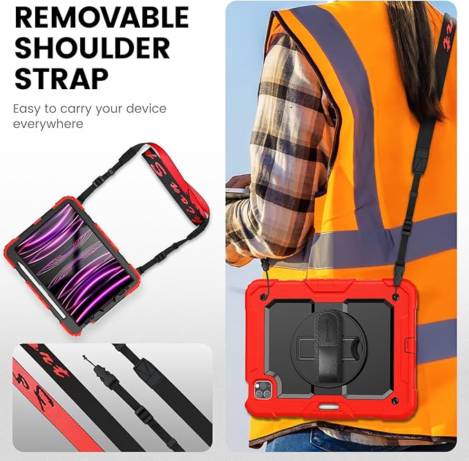 Timecity Case for iPad Pro 11 inch 4th/3rd/2nd/1st Generation 2022/2021/2020/2018 Heavy Duty Protective Case with Screen Protector Swivel Stand Hand/Shoulder StrapPencil Holder Case- Red