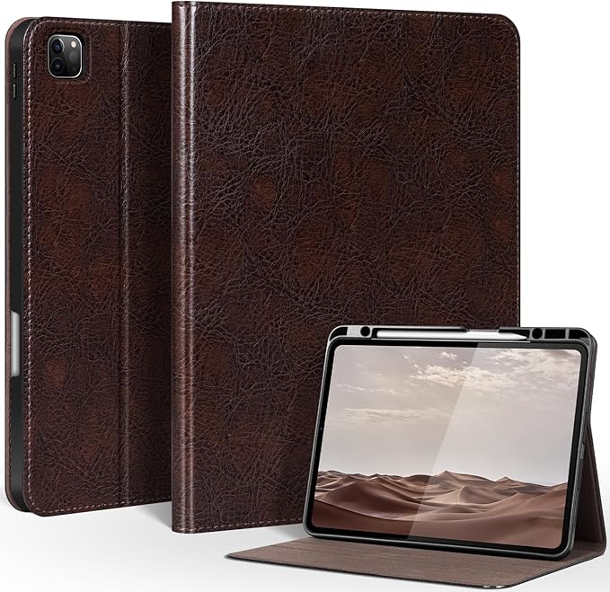 Genuine Leather Case for iPad Pro 12.9 Inch Folio Cover with Pencil Holder Auto Wake/Sleep &amp Adjustable Stand for 6th/5th/4th/3rd Generation (2022-2018) - Vintage Mocha Brown