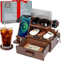 Wood Phone Docking Station with Drawer Compatible with Apple Watch - Wood Charging Station Organizer Stand Bedside Nightstand Organizer for Men Holds Phone Tablet Keys Glasses EDC