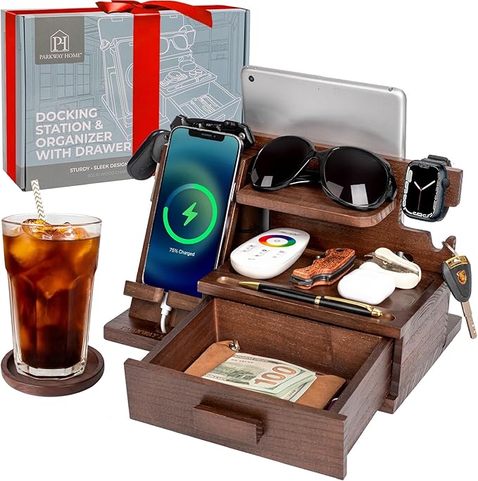 Wood Phone Docking Station with Drawer Compatible with Apple Watch - Wood Charging Station Organizer Stand Bedside Nightstand Organizer for Men Holds Phone Tablet Keys Glasses EDC