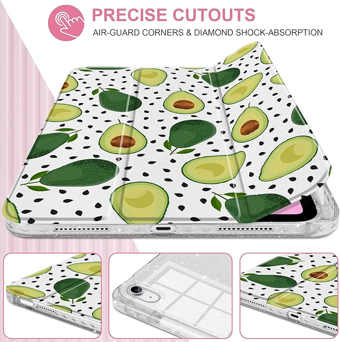 MEEgoodo Case for iPad A16 11th Generation 2025/10th Generation 2022 Glitter Tablet Cases with Transparent Acrylic Back+Trifold Stand +Pencil Holder+Auto Wake/SleepAvocado