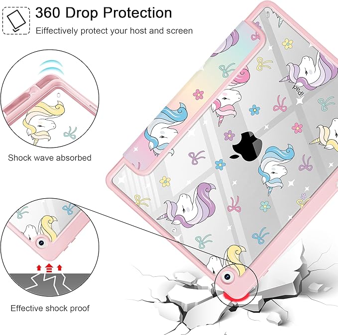 for iPad 9th Generation with Pencil Holder iPad 8th/7th Gen Case 10.2-inch [Built in Pencil Holder] Trifold Stand Auto Wake/Sleep Clear TPU Protection Back Cover Rainbow Unicorn
