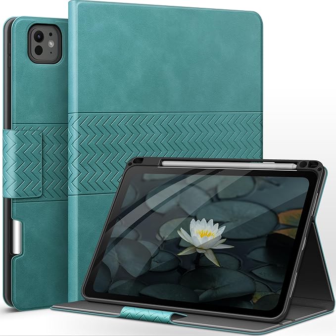 auaua Case for iPad Pro 11 Inch (M5/M4) 2025/2024 PU Leather Case with Pencil Holder Supports Pencil Pro and Pencil(USB-C) Adjustable Angles Auto Sleep/Wake (Green)
