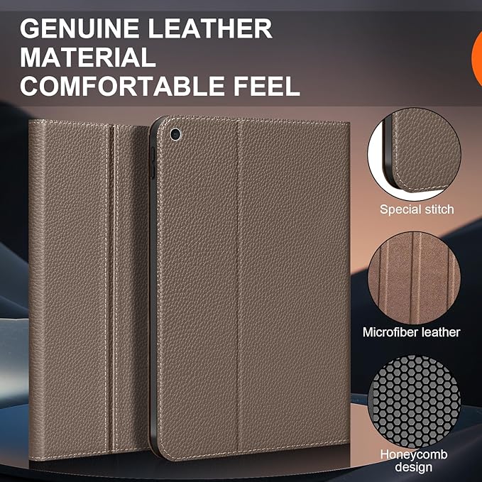 Genuine Cowhide Leather Case for iPad 10.2 inch 7th/8th/9th Gen (2019-2021) - Dual Angle Stand Auto Wake/Sleep Folio Cover with Magnetic Closure Gray Brown