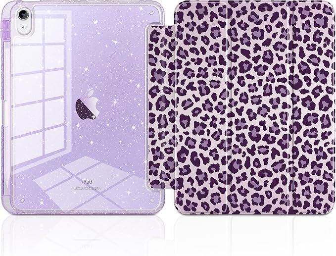 TWOLSKOO Sparkly Case for iPad Pro 11 inch (M5 2025 / M4 2024) Glitter Hard Acrylic Back with Pencil Holder Slim Trifold Stand Folio Cover Auto Sleep/Wake Purple Leopard