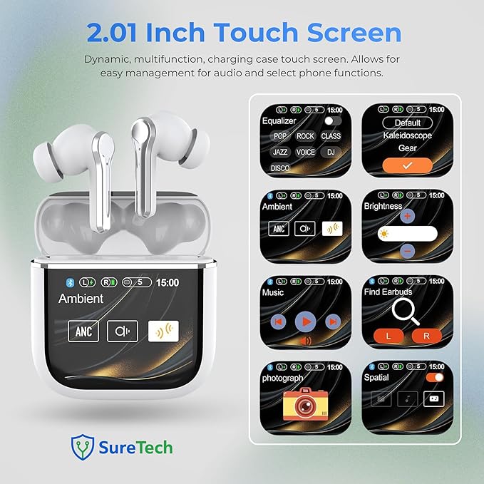 ANC/ENC Wireless Earbuds Bluetooth 6.0 in-Ear Headphones Touch Screen Control Waterproof with Charging Case and Silicone Tips