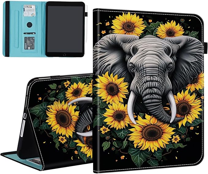 Case for iPad 9th Generation/iPad 8/iPad 7 iPad 10.2 2021 2020 2019/iPad Air 10.5/iPad Pro 10.5Card Slot PU Leather TPU Case Pen Holder Auto Wake SleepSunflower Elephant