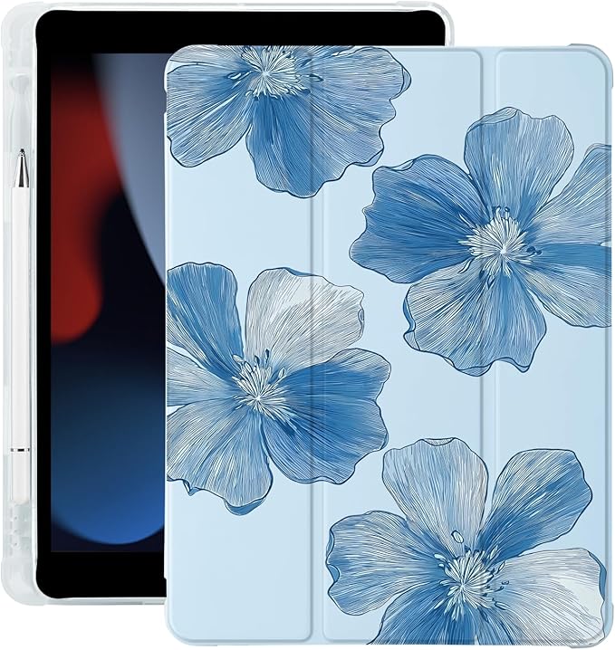 Cute Flower Floral for iPad Air 3 Case with Pencil Holder Auto Sleep/Wake Blue Leather Soft TPU Back Cover for iPad Pro 10.5 Inch 2017