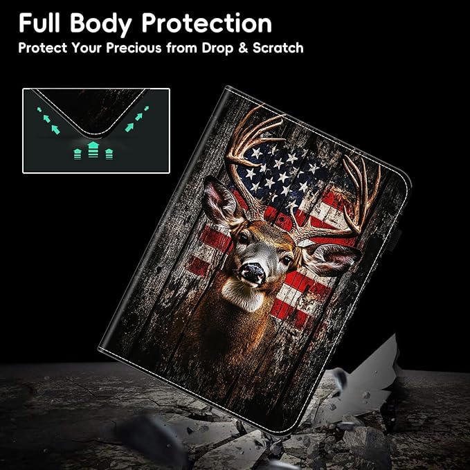 Case for iPad Air 11 (M3 2025 / M2 2024) iPad Air 4 &amp 5 10.9 Inch (2020/2022)Wallet PU Leather Folio Cover Multi-Angle Stand with Auto Wake/SleepRustic American Flag Deer