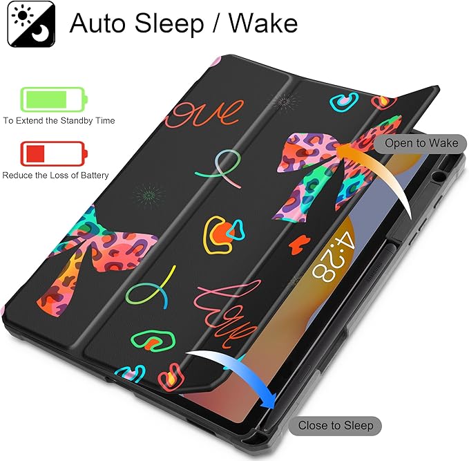 Mektron Case for Samsung Galaxy Tab S6 Lite 10.4 Inch 2024/2022/2020 with S Pen Holder Multi-Angle Viewing with Shockproof Cover Clear Shell + Trifold Stand + Auto Wake/Sleep Neon Bows-Black