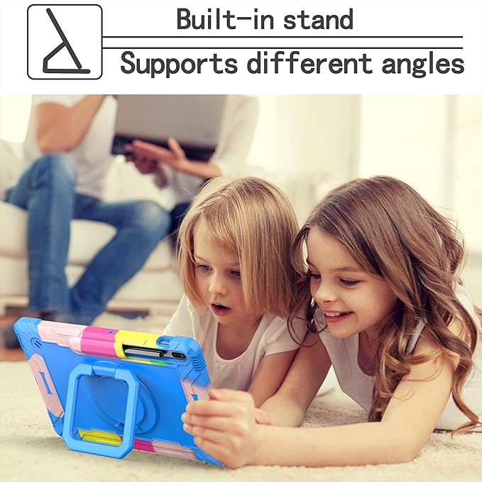 Stand Case for Samsung Galaxy Tab S8 Plus 2022/Tab S7 FE 5G 2021/Tab S7 Plus 2020 Case 12.4 inch with Hand/Shoulder Strap 360 Degree Rotating Kickstand Rugged Shockproof CoverRainbow &amp Blue