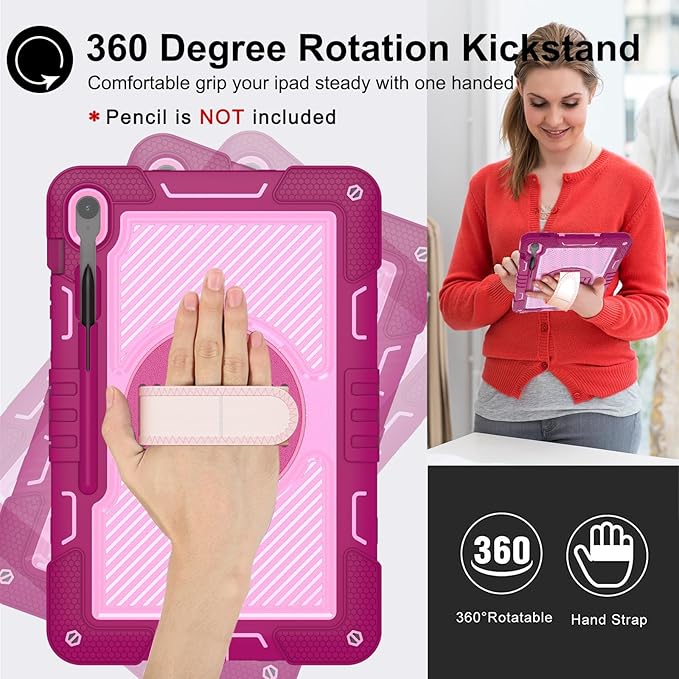 Shockproof Case for Samsung Galaxy Tab S10 FE+/FE Plus 13.1 Tablet with Shoulder Strap Techcircle Heavy Duty Rotating Kickstand Rugged Defender Case w/Adjustable Hand Strap Rose+Pink