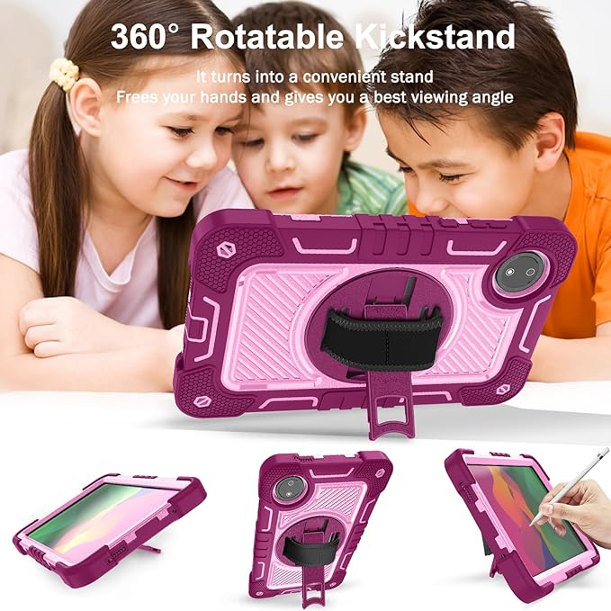 Tablet Case for Xiaomi Redmi Pad SE 8.7/Redmi Pad SE 4G in India Tablet Shockproof Cover with 360° Rotating Stand and Wrist Strap Shoulder StrapRed Rose+Pink