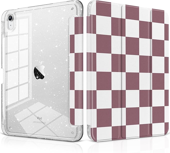 DONGKE for iPad Pro 11 inch Case – Fits M5 2025 / M4 2024 Shockproof Sparkling Glitter Acrylic Back Pencil Holder Trifold Stand Auto Sleep/Wake &amp Touch ID Support - Brown Checkerboard