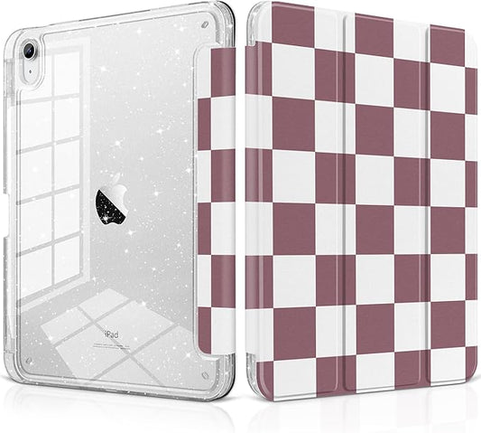 DONGKE for iPad Pro 11 inch Case – Fits M5 2025 / M4 2024 Shockproof Sparkling Glitter Acrylic Back Pencil Holder Trifold Stand Auto Sleep/Wake &amp Touch ID Support - Brown Checkerboard