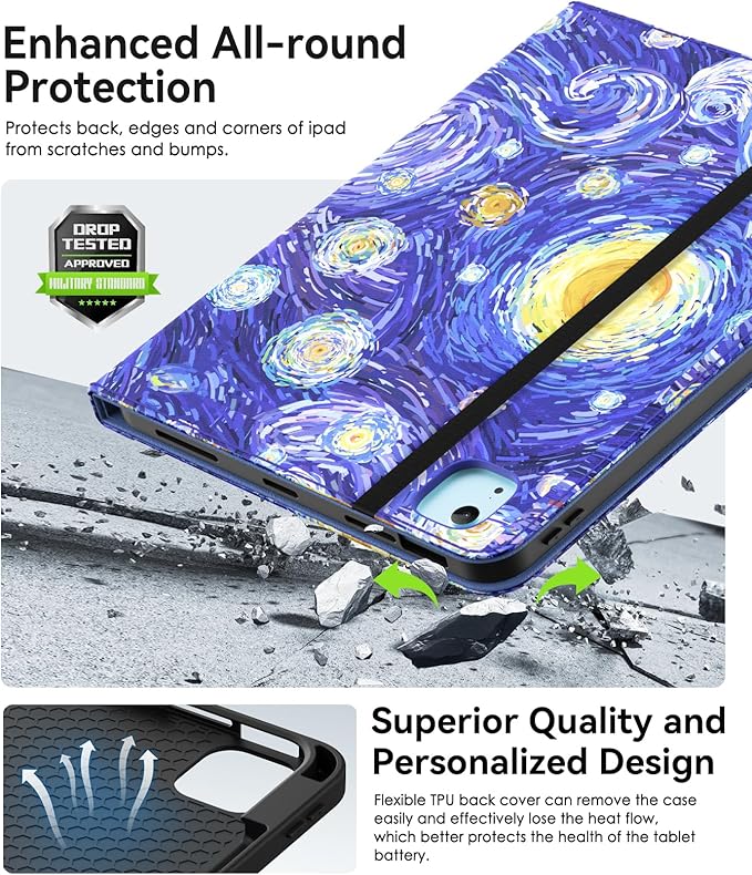 Case for iPad Air 11-inch M3/ M2 (2025/2024) iPad Air 5th/ 4th Generation 10.9'' (2022/2020) iPad Pro 11 (4th/3rd/2nd/1st Gen) Multi-Angle Stand Cover with Pencil Holder Starry Night