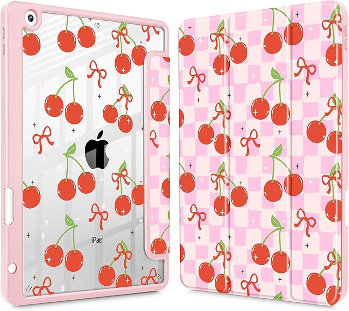 for iPad 9th Generation with Pencil Holder iPad 8th/7th Gen Case 10.2-inch [Built in Pencil Holder] Trifold Stand Auto Wake/Sleep Clear TPU Protection Back Cover Cherries and Bow