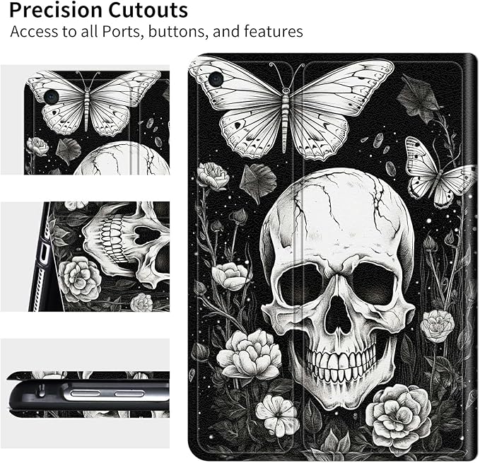 for Amazon Fire HD 10 (9th/7th/5th Generation 2019/2017/2015 Release) Tablet Case Multi-Angle Viewing Shockproof Smart Protective Case for Kindle Fire HD 10.1 Inch Butterfly Skull