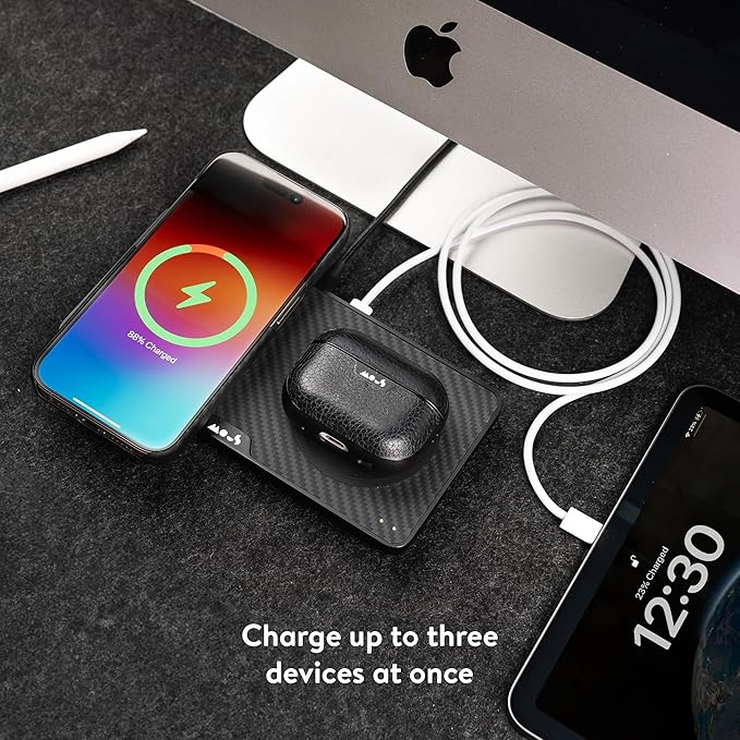 Mous - Dual Charging Station with Qi2 up to 15W Fast Charge - MagSafe Charger Compatible with iPhone 17/16/15/14/13/12 Pixel 10 Series and Airpods - USB-C Cable - Aramid Fibre