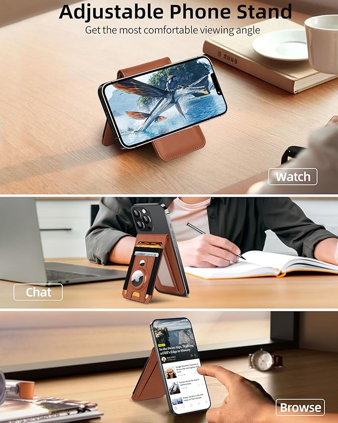 for Magsafe Wallet Stand with Airtag Holder Strongest Magnetic Wallet for iPhone 17/16/15/14/13/12 Series ID Window 4 Card Slots 10 Cards Holder Vegan Leather RFID Blocking Brown