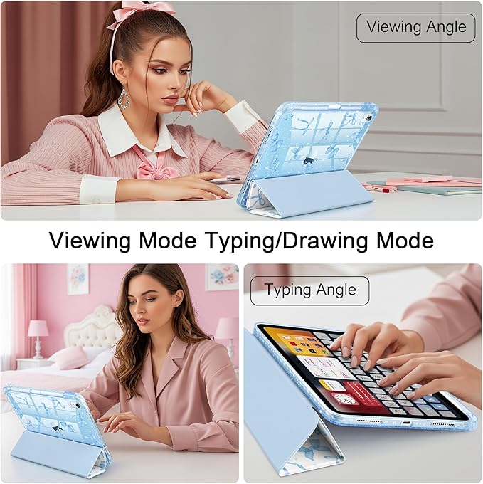 TWOLSKOO Sparkly Case for iPad Pro 11 inch (M5 2025 / M4 2024) Glitter Hard Acrylic Back with Pencil Holder Slim Trifold Stand Folio Cover Auto Sleep/Wake Blue Bows