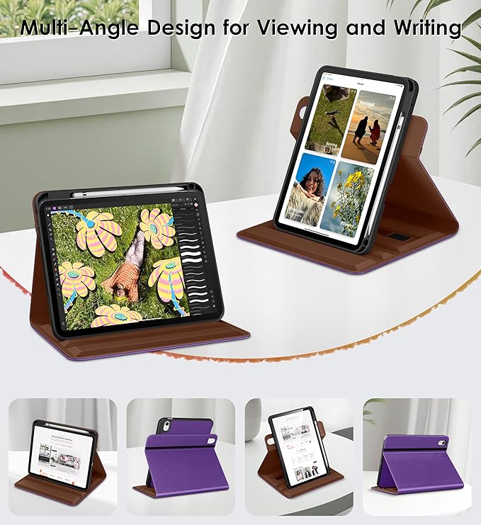 DTTO for iPad A16 Case iPad 11th / 10th Generation Case (2025/2022) 360 Degree Rotating Premium Leather Folio Stand Cover with Pencil Holder Light Purple
