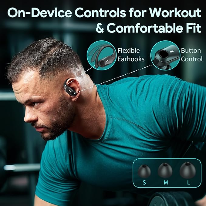 Active Noise Cancelling Earbuds Wireless Bluetooth Headphones 80H Playtime LED Power Display Charging Case Over Ear Hooks Ear Buds with Hi-Res Sound &amp Clear Calls for Sports Running Gym Workout Bl