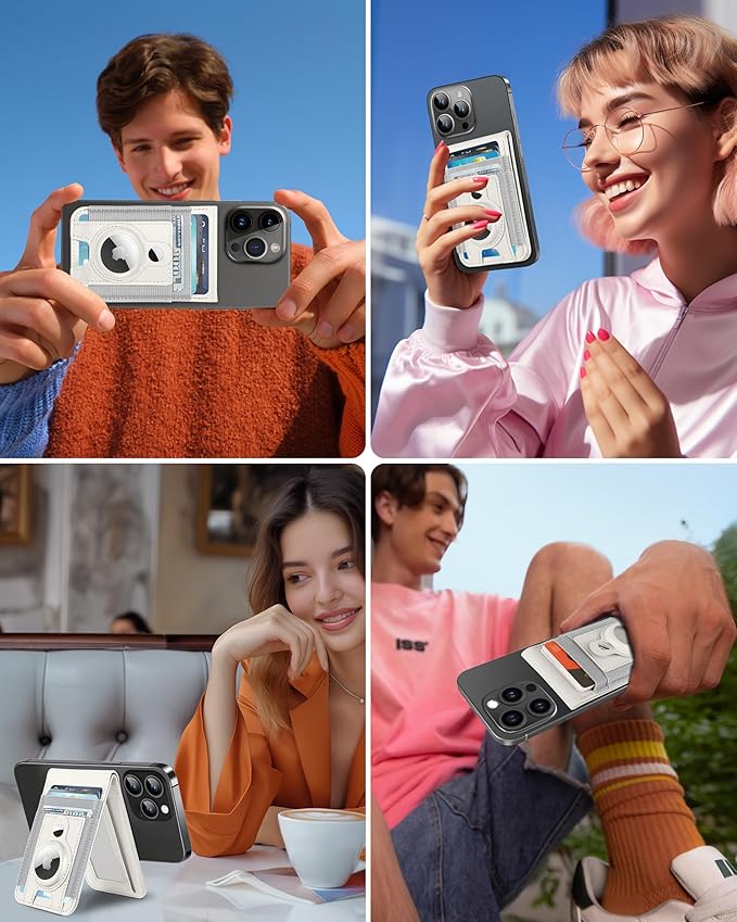 For Magsafe Wallet Stand with Airtag Holder Strongest Magnetic Wallet for iPhone 17/16/15/14/13/12 Series ID Window 4 Card Slots 10 Cards Holder Vegan Leather RFID Blocking Milk White