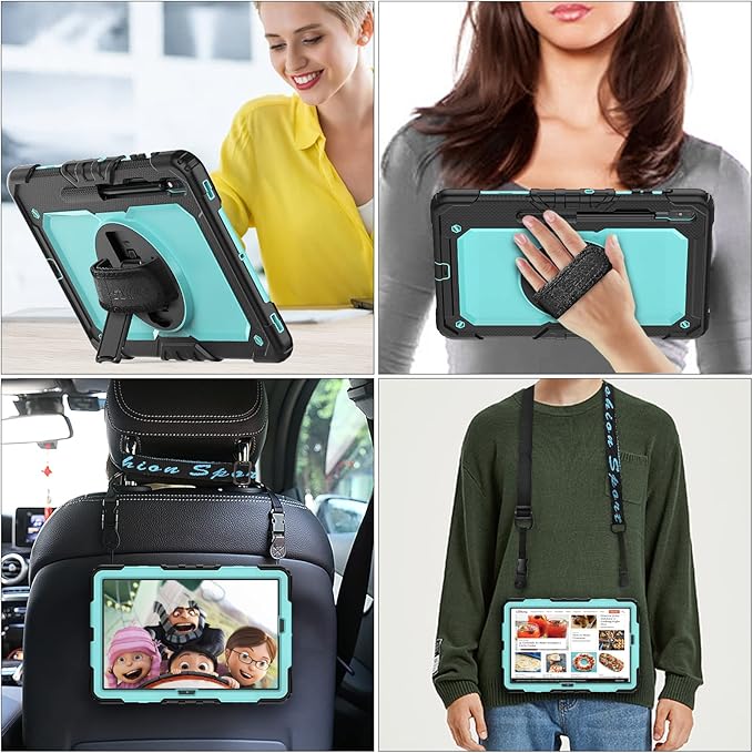 SEYMAC stock Case for Samsung Galaxy Tab S7 FE / S8 Plus 5G Case 12.4'' with Screen Protector Pencil Holder [360 Rotating Hand Strap] &ampStand Drop-Proof SkyBlue/Black