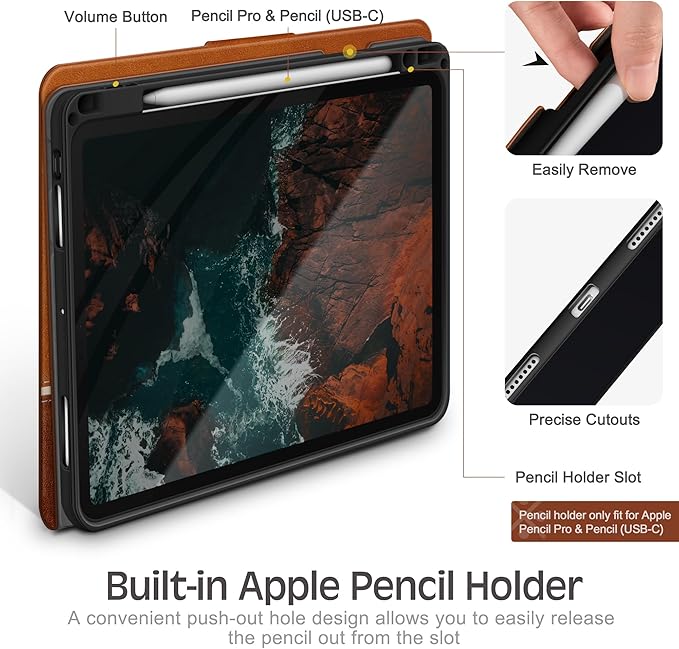 KingBlanc Case for iPad Pro 11 inch (M5 2025/M4 2024) with Pencil Holder Vegan Leather Smart Stand Cover Auto Sleep Wake Support Pencil Pro/(USB-C) Viewing/Typing Angle Durable Protection Brown