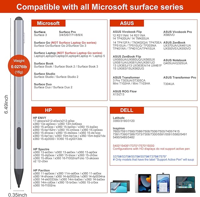 Surface Pen Stylus for Microsoft Surface Pro - 75 Day Battery Life+4096 Tilt Pressure+Touchscreen Pen Cap Work for Surface Pro 11/10/9/8/7/6/5/4/3/X Surface Go 3/2/1 Surface Book/Laptop/Studio 3/2/1