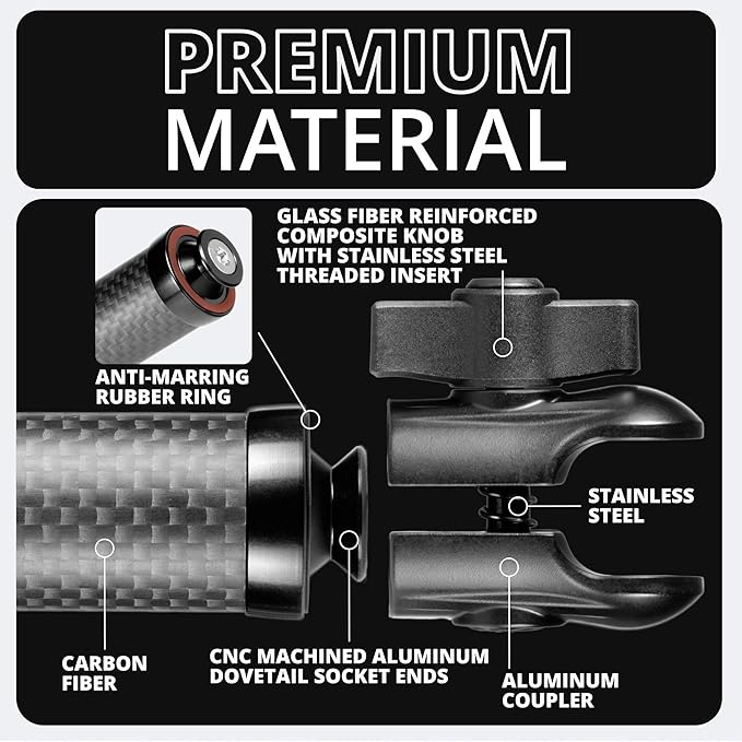 Tackform 5 Long 20mm Ball and Socket Arm DuraLock 20 Series Carbon Fiber Arm | Dual 20mm Sockets with Optional Anti-Theft Knobs | Black with Red Billet Accent Kit