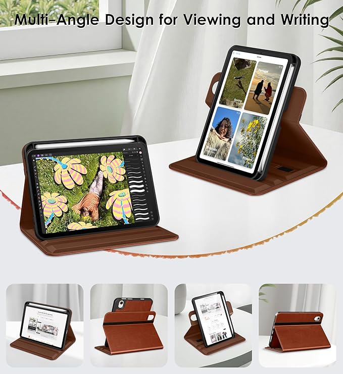 DTTO for iPad mini 7 (A17 Pro) Case iPad mini 7th / 6th Generation Case (2024/2021) 360 Degree Rotating Premium Leather Folio Stand Cover with Pencil Holder Brown