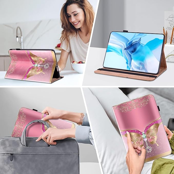 Case for Lenovo Yoga Tab Plus Tablet 12.7 Inch 2025 Multi-Angle Viewing Premium PU Leather Stand Case with Elastic Strap &amp Card Slots for Lenovo Yoga Tab Plus 12.7 Tablet-Pink Butterfly